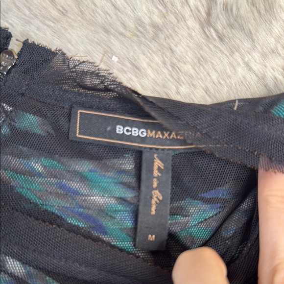 BCBGMAXAZRIA | Black & Green Mesh Black Mini Ruched Dress, Size M - Picture 12 of 12